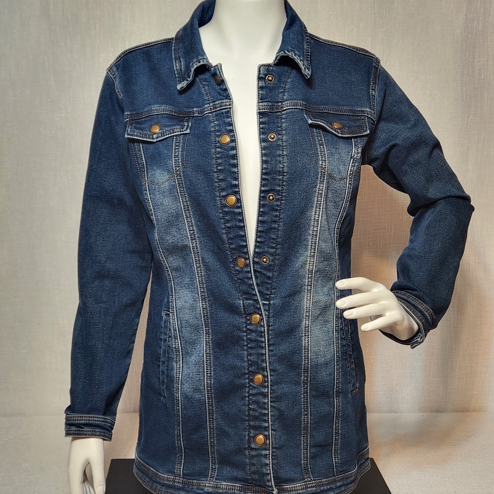 Tribal Jeans Stretch Denim Long Tunic Jean Jacket Dark Wash Pockets Small
